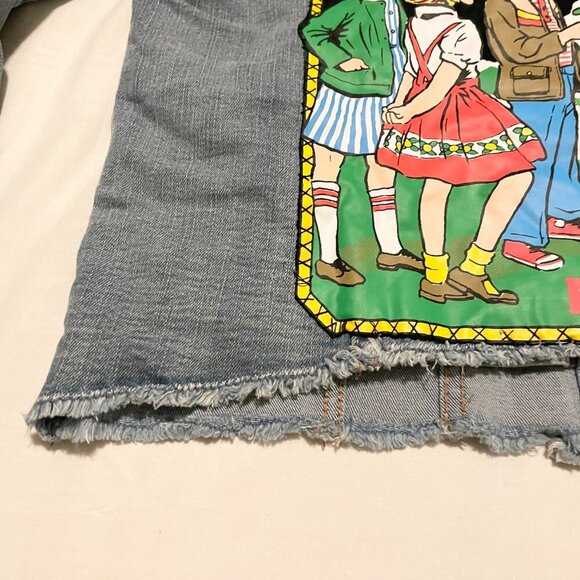 Jeaniologie Altered Jean Denim Jacket Dont Talk to Strangers Patch Sz Large - Picture 13 of 16